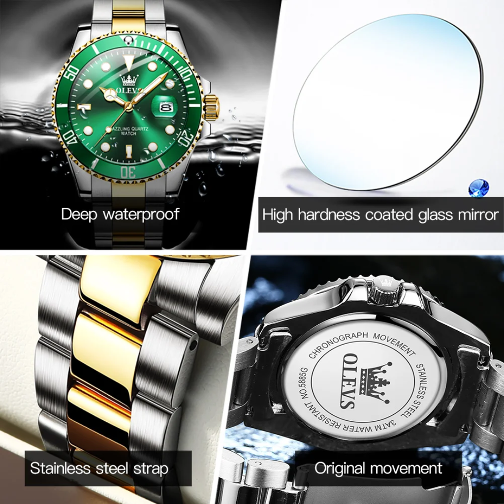 OLEVS 5886G Men's Dazzling Quartz Submariner Watch | Stainless Steel | 3BAR Waterproof