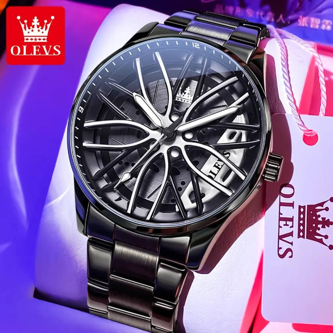OLEVS 9937 Men's Rotating Skeleton Dial Quartz Watch | Stainless Steel | Waterproof