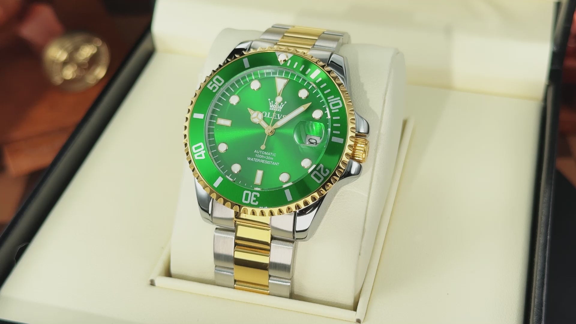 OLEVS Automatic Diver Watch Model 6650 – Green Dial | Two-Tone Steel