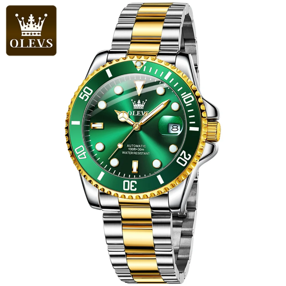 OLEVS Automatic Diver Watch Model 6650 – Green Dial | Two-Tone Steel
