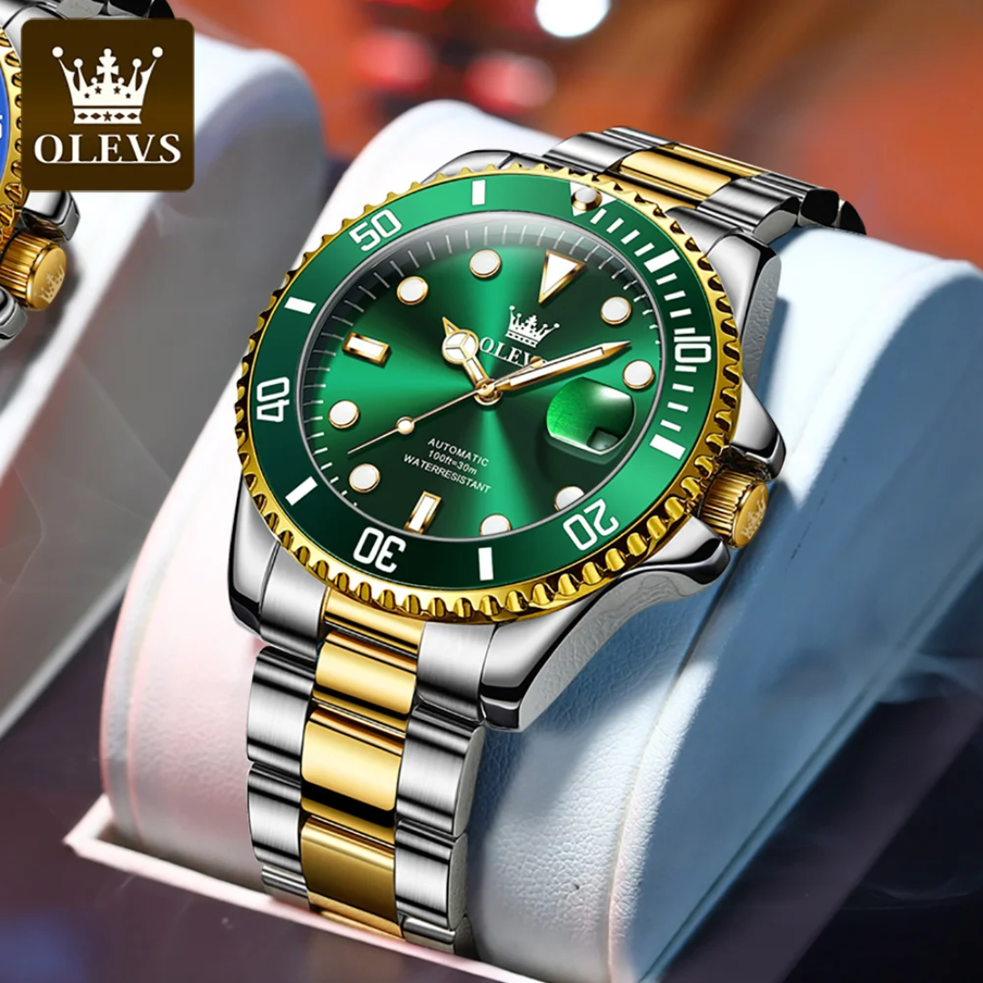 OLEVS Automatic Diver Watch Model 6650 – Green Dial | Two-Tone Steel