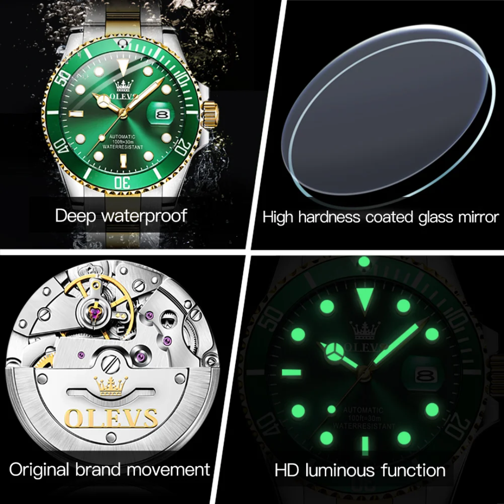 OLEVS Automatic Diver Watch Model 6650 – Green Dial | Two-Tone Steel