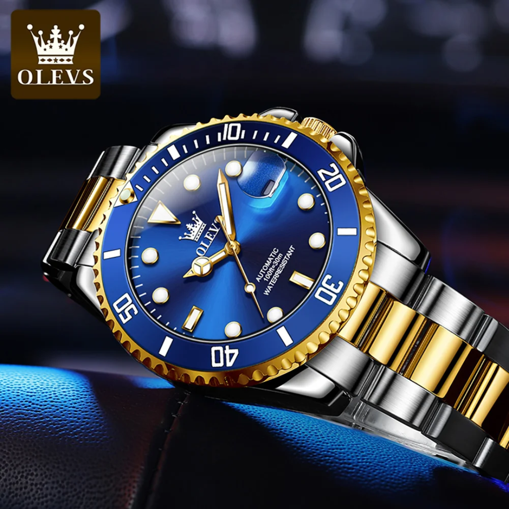 OLEVS Automatic Diver Watch Model 6650 – Green Dial | Two-Tone Steel